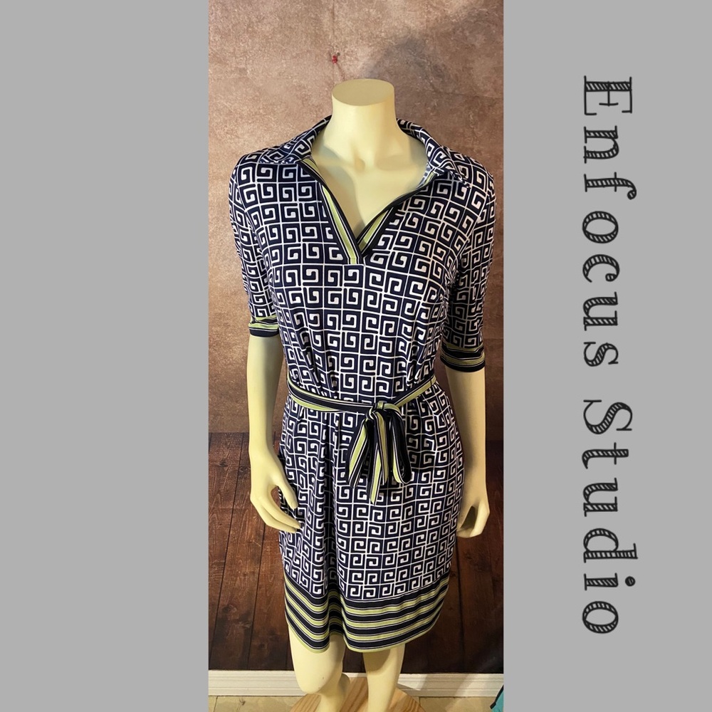 EnFocus Studio Women’s Black White Green Print 3/4 sleeve Dress-Sz 8-EUC